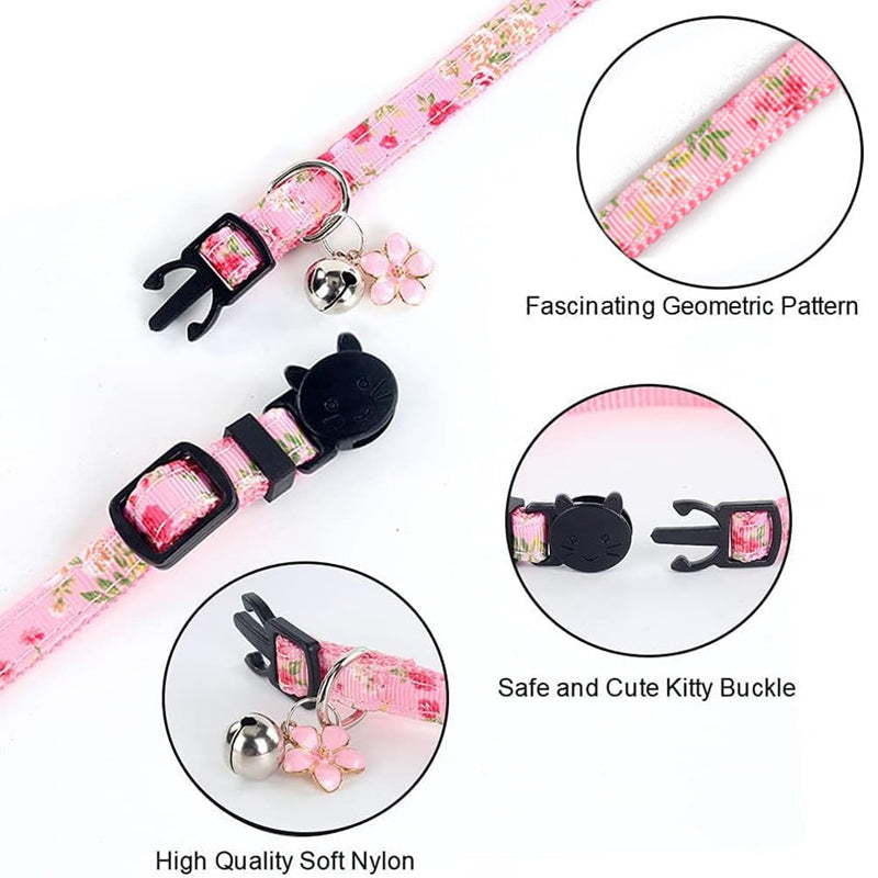 Breakaway Cat Collar with Bell, 4 Pack Safety Adjustable Cat Collars with flower